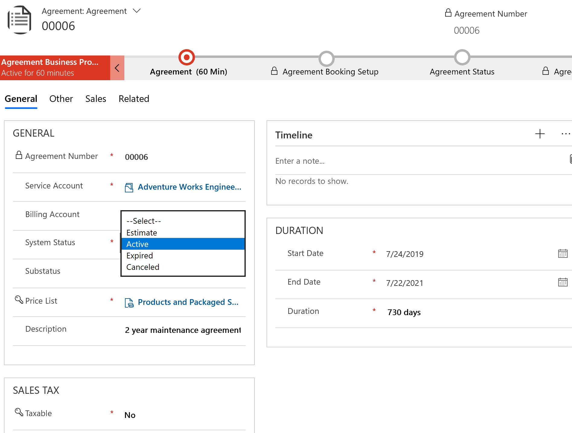 Dynamics 365 Field Service agreement active