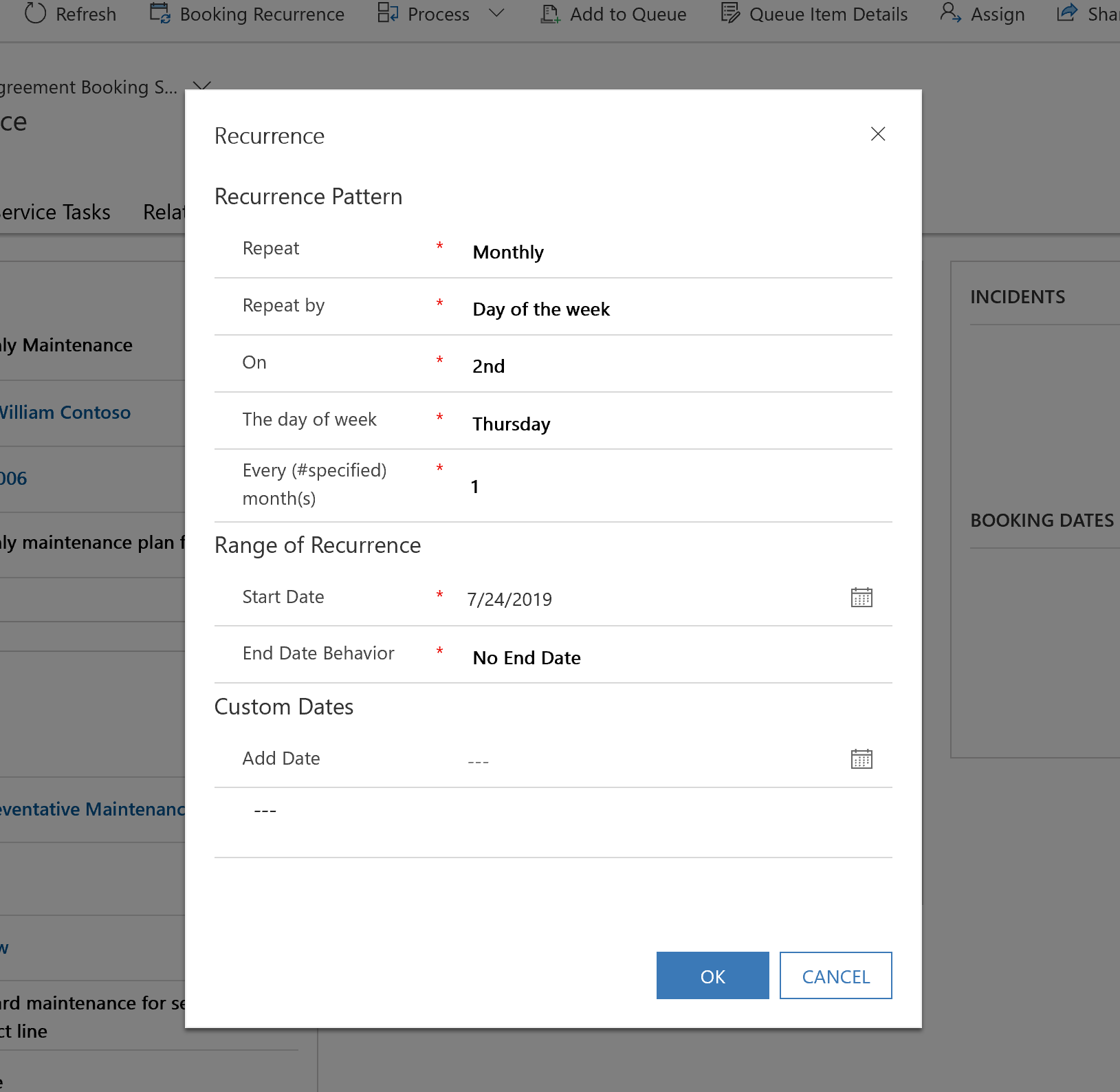 Dynamics 365 Field Service agreement booking recurrence